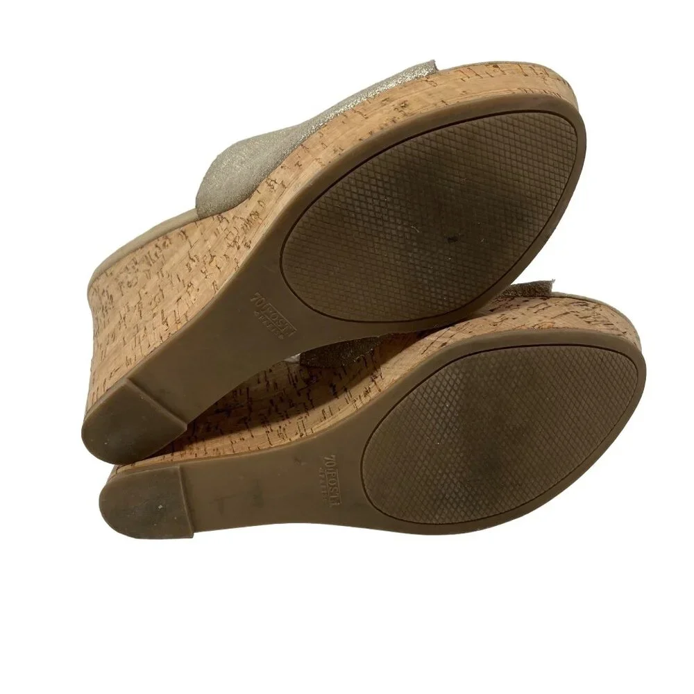 70 Post Paris Lainie Gold Leather Wedge Size 8.5 Open Toe Cork Heel